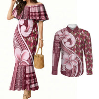 Samoa Teuila Couples Matching Mermaid Dress and Long Sleeve Button Shirt Maroon Samoan Siapo Motifs LT05 Maroon - Polynesian Pride