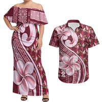 Samoa Teuila Couples Matching Off Shoulder Maxi Dress and Hawaiian Shirt Maroon Samoan Siapo Motifs LT05 Maroon - Polynesian Pride