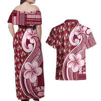 Samoa Teuila Couples Matching Off Shoulder Maxi Dress and Hawaiian Shirt Maroon Samoan Siapo Motifs LT05 - Polynesian Pride