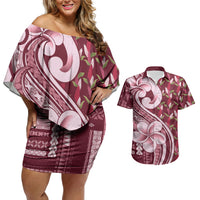 Samoa Teuila Couples Matching Off Shoulder Short Dress and Hawaiian Shirt Maroon Samoan Siapo Motifs LT05 Maroon - Polynesian Pride