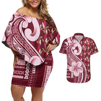 Samoa Teuila Couples Matching Off Shoulder Short Dress and Hawaiian Shirt Maroon Samoan Siapo Motifs LT05 Maroon - Polynesian Pride