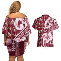 Samoa Teuila Couples Matching Off Shoulder Short Dress and Hawaiian Shirt Maroon Samoan Siapo Motifs LT05 - Polynesian Pride