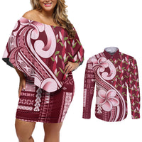 Samoa Teuila Couples Matching Off Shoulder Short Dress and Long Sleeve Button Shirt Maroon Samoan Siapo Motifs LT05 Maroon - Polynesian Pride