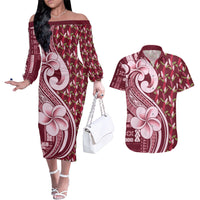 Samoa Teuila Couples Matching Off The Shoulder Long Sleeve Dress and Hawaiian Shirt Maroon Samoan Siapo Motifs LT05 Maroon - Polynesian Pride
