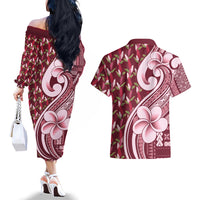 Samoa Teuila Couples Matching Off The Shoulder Long Sleeve Dress and Hawaiian Shirt Maroon Samoan Siapo Motifs LT05 - Polynesian Pride