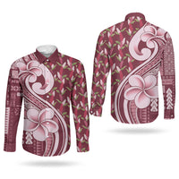 Samoa Teuila Couples Matching Off The Shoulder Long Sleeve Dress and Long Sleeve Button Shirt Maroon Samoan Siapo Motifs LT05 - Polynesian Pride