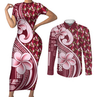 Samoa Teuila Couples Matching Short Sleeve Bodycon Dress and Long Sleeve Button Shirt Maroon Samoan Siapo Motifs LT05 Maroon - Polynesian Pride