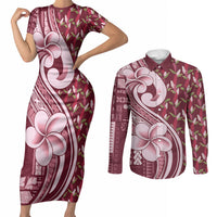 Samoa Teuila Couples Matching Short Sleeve Bodycon Dress and Long Sleeve Button Shirt Maroon Samoan Siapo Motifs LT05 Maroon - Polynesian Pride
