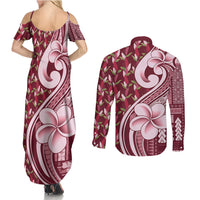 Samoa Teuila Couples Matching Summer Maxi Dress and Long Sleeve Button Shirt Maroon Samoan Siapo Motifs LT05 - Polynesian Pride