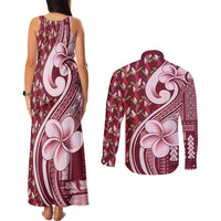 Samoa Teuila Couples Matching Tank Maxi Dress and Long Sleeve Button Shirt Maroon Samoan Siapo Motifs LT05 - Polynesian Pride