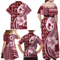 Samoa Teuila Family Matching Off Shoulder Maxi Dress and Hawaiian Shirt Maroon Samoan Siapo Motifs LT05 - Polynesian Pride