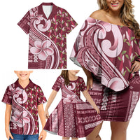Samoa Teuila Family Matching Off Shoulder Short Dress and Hawaiian Shirt Maroon Samoan Siapo Motifs LT05 - Polynesian Pride