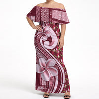 Samoa Teuila Off Shoulder Maxi Dress Maroon Samoan Siapo Motifs LT05 Women Maroon - Polynesian Pride