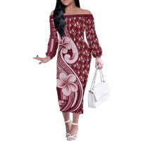 Samoa Teuila Off The Shoulder Long Sleeve Dress Maroon Samoan Siapo Motifs LT05 Women Maroon - Polynesian Pride