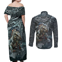 Hawaii Mo'o Lizard God Couples Matching Off Shoulder Maxi Dress and Long Sleeve Button Shirt Polynesian Style