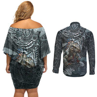 Hawaii Mo'o Lizard God Couples Matching Off Shoulder Short Dress and Long Sleeve Button Shirt Polynesian Style