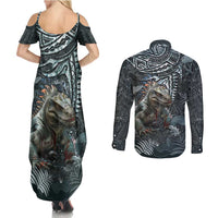 Hawaii Mo'o Lizard God Couples Matching Summer Maxi Dress and Long Sleeve Button Shirt Polynesian Style