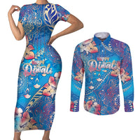 Happy Diwali Festival Couples Matching Short Sleeve Bodycon Dress and Long Sleeve Button Shirt Diya Lamp Rangoli With Polynesian Pattern