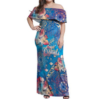Happy Diwali Festival Off Shoulder Maxi Dress Diya Lamp Rangoli With Polynesian Pattern LT05 Women Blue - Polynesian Pride