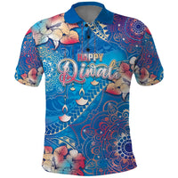 Happy Diwali Festival Polo Shirt Diya Lamp Rangoli With Polynesian Pattern LT05 Blue - Polynesian Pride
