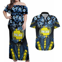 Personalised Palau Couples Matching Off Shoulder Maxi Dress and Hawaiian Shirt Polynesian Dolphin Tropical Hibiscus Style