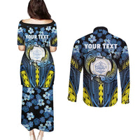 Personalised Palau Couples Matching Puletasi and Long Sleeve Button Shirt Polynesian Dolphin Tropical Hibiscus Style