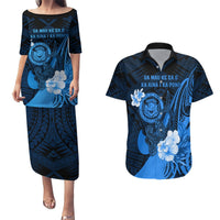 Personalised Hawaii State Motto Couples Matching Puletasi and Hawaiian Shirt Hawaiian Tribal Blue Hammerhead Shark LT05 Blue - Polynesian Pride