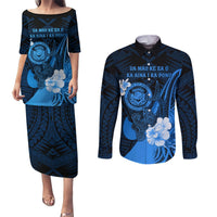 Personalised Hawaii State Motto Couples Matching Puletasi and Long Sleeve Button Shirt Hawaiian Tribal Blue Hammerhead Shark LT05 Blue - Polynesian Pride