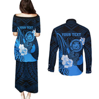 Personalised Hawaii State Motto Couples Matching Puletasi and Long Sleeve Button Shirt Hawaiian Tribal Blue Hammerhead Shark LT05 - Polynesian Pride