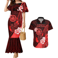 Personalised Hawaii State Motto Couples Matching Mermaid Dress and Hawaiian Shirt Hawaiian Tribal Red Hammerhead Shark LT05 Red - Polynesian Pride