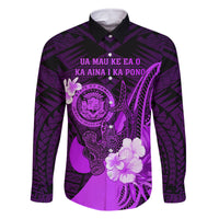 Personalised Hawaii State Motto Family Matching Off Shoulder Long Sleeve Dress and Hawaiian Shirt Hawaiian Tribal Purple Hammerhead Shark LT05 Dad's Shirt - Long Sleeve Purple - Polynesian Pride