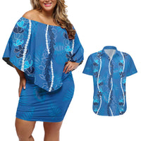 Hawaii Maile Lei Couples Matching Off Shoulder Short Dress and Hawaiian Shirt With Blue Monstera Pattern