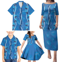 Hawaii Maile Lei Family Matching Puletasi and Hawaiian Shirt With Blue Monstera Pattern