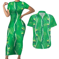 Hawaii Maile Lei Couples Matching Short Sleeve Bodycon Dress and Hawaiian Shirt With Green Monstera Pattern