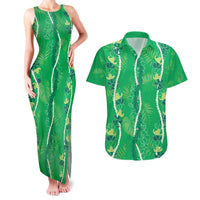 Hawaii Maile Lei Couples Matching Tank Maxi Dress and Hawaiian Shirt With Green Monstera Pattern