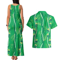 Hawaii Maile Lei Couples Matching Tank Maxi Dress and Hawaiian Shirt With Green Monstera Pattern