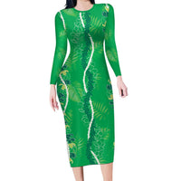 Hawaii Maile Lei Family Matching Long Sleeve Bodycon Dress and Hawaiian Shirt With Green Monstera Pattern