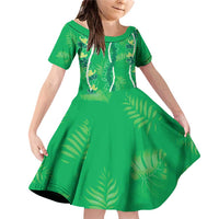 Hawaii Maile Lei Family Matching Off Shoulder Short Dress and Hawaiian Shirt With Green Monstera Pattern