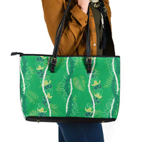 Hawaii Maile Lei Leather Tote Bag With Green Monstera Pattern