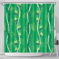 Hawaii Maile Lei Shower Curtain With Green Monstera Pattern