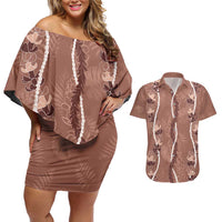 Hawaii Maile Lei Couples Matching Off Shoulder Short Dress and Hawaiian Shirt With Brown Monstera Pattern