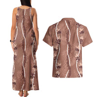 Hawaii Maile Lei Couples Matching Tank Maxi Dress and Hawaiian Shirt With Brown Monstera Pattern