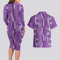 Hawaii Maile Lei Couples Matching Long Sleeve Bodycon Dress and Hawaiian Shirt With Violet Monstera Pattern