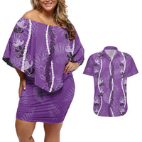 Hawaii Maile Lei Couples Matching Off Shoulder Short Dress and Hawaiian Shirt With Violet Monstera Pattern