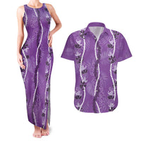 Hawaii Maile Lei Couples Matching Tank Maxi Dress and Hawaiian Shirt With Violet Monstera Pattern
