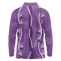 Hawaii Maile Lei Long Sleeve Polo Shirt With Violet Monstera Pattern LT05 - Polynesian Pride