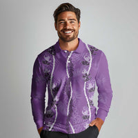 Hawaii Maile Lei Long Sleeve Polo Shirt With Violet Monstera Pattern LT05 - Polynesian Pride