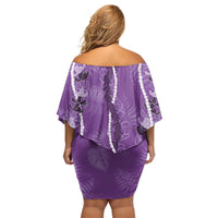 Hawaii Maile Lei Off Shoulder Short Dress With Violet Monstera Pattern