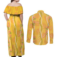 Hawaii Maile Lei Couples Matching Off Shoulder Maxi Dress and Long Sleeve Button Shirt With Yellow Monstera Pattern