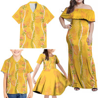 Hawaii Maile Lei Family Matching Off Shoulder Maxi Dress and Hawaiian Shirt With Yellow Monstera Pattern